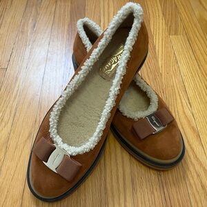 Salvatore Ferragamo Shearling Lined Varina Flats-Brown